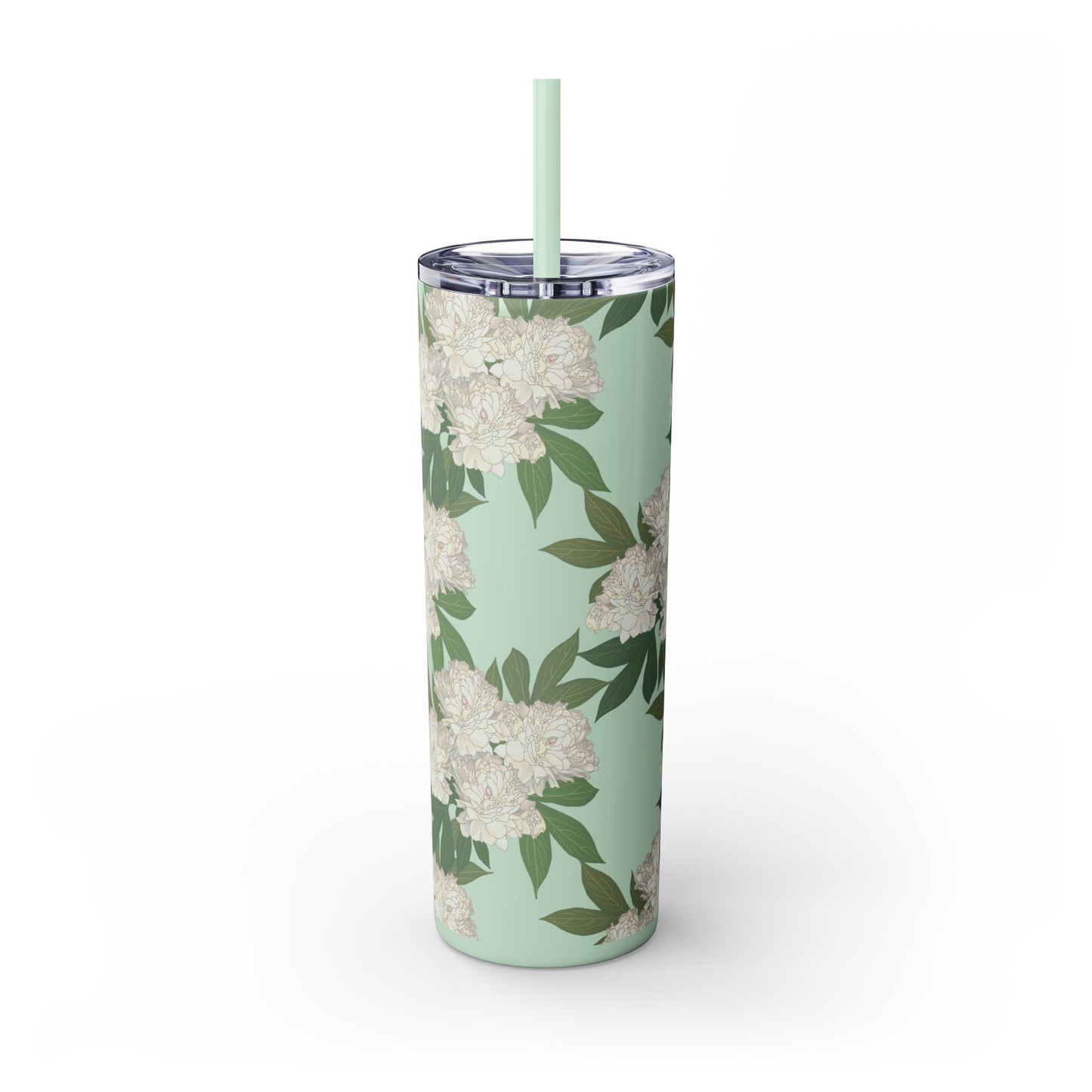 Floral Skinny Tumbler with Straw, 20oz featuring Rachel's Peonies© in a variety of colors and finishes. Easy to Hold Skinny Tumbler, Elegant Drinkware for Home, Office, Wedding, Gifts, and Daily Use
