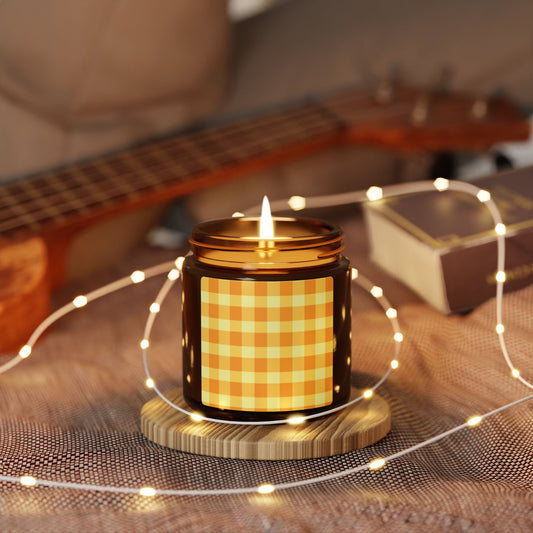 Cozy Scented Soy Candle, Orange Gingham Pattern Candle for Home Decor, Relaxation Gift, Aromatherapy Candle, Eco-Friendly Candle