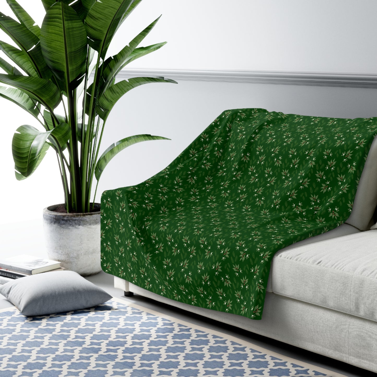 Sherpa Fleece Blanket - Mistletoe, Berries and Sprigs, Emerald