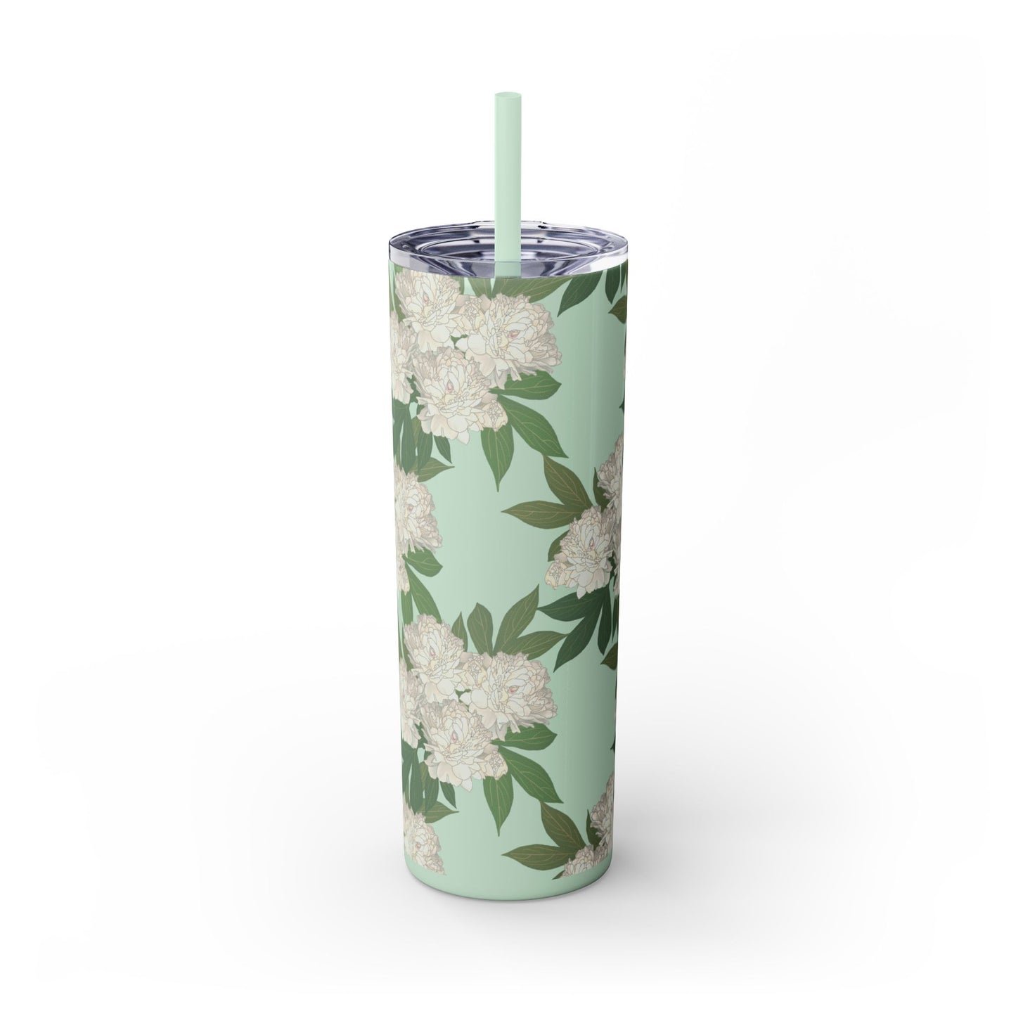 Floral Skinny Tumbler with Straw, 20oz featuring Rachel's Peonies© in a variety of colors and finishes. Easy to Hold Skinny Tumbler, Elegant Drinkware for Home, Office, Wedding, Gifts, and Daily Use