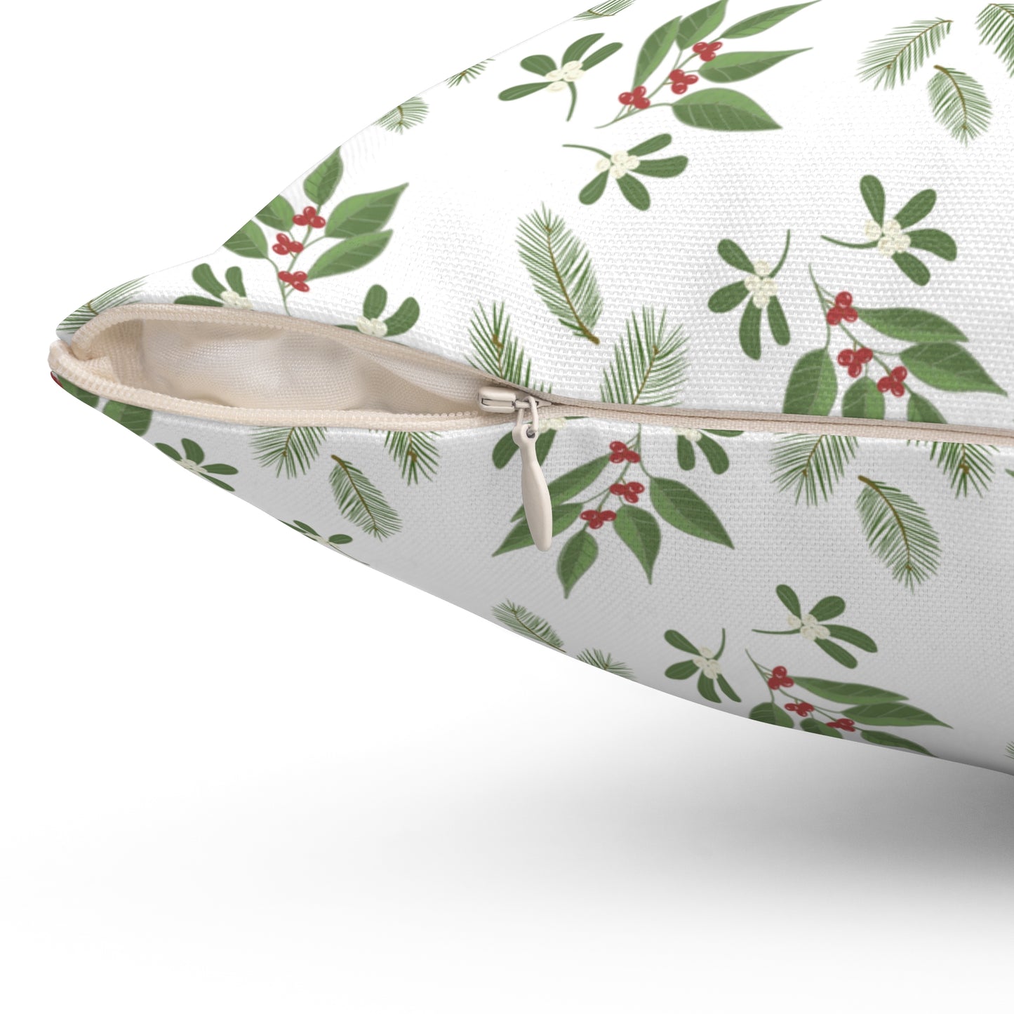 Spun Polyester Square Pillow - MIstletoe, Berries and Sprigs, White