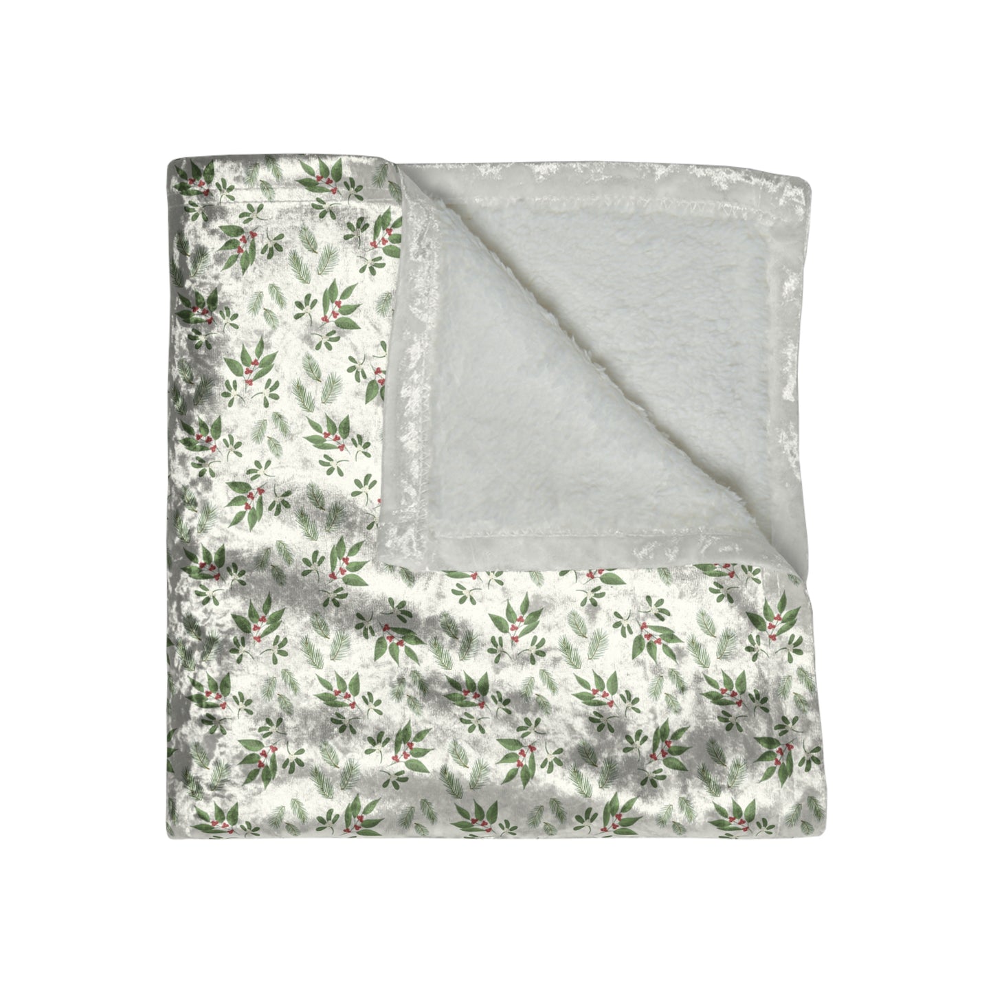 Crushed Velvet Blanket - Mistletoe, Berries and Sprigs, White