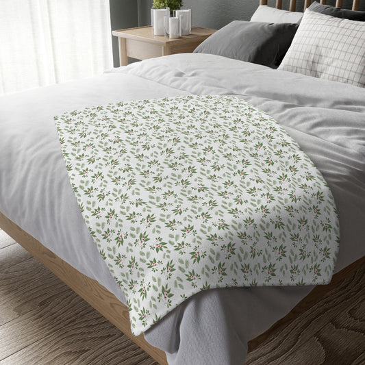 Velveteen Microfiber Blanket (Two-sided print) - Mistletoe, Berries and Sprigs, White