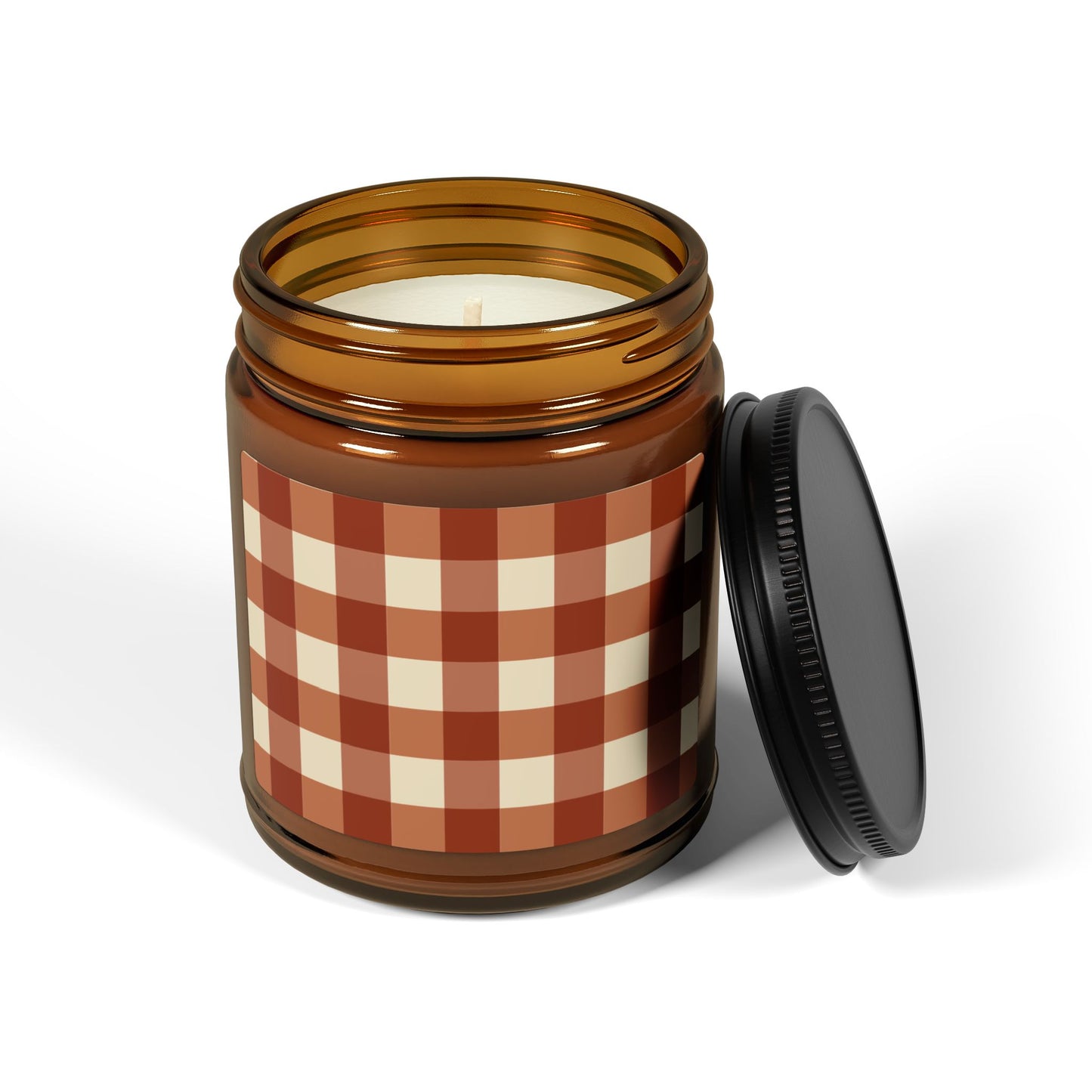 Cozy Amber Jar Candle with Cinnamon Gingham Design, Rustic Home Decor, Scented Candle for Relaxation, Gifts for Housewarming, Decorative Candle