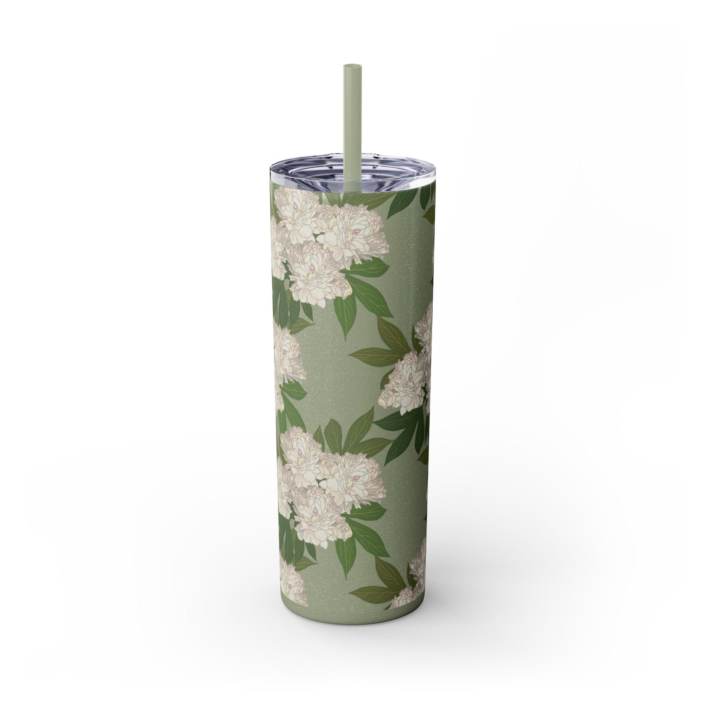 Floral Skinny Tumbler with Straw, 20oz featuring Rachel's Peonies© in a variety of colors and finishes. Easy to Hold Skinny Tumbler, Elegant Drinkware for Home, Office, Wedding, Gifts, and Daily Use