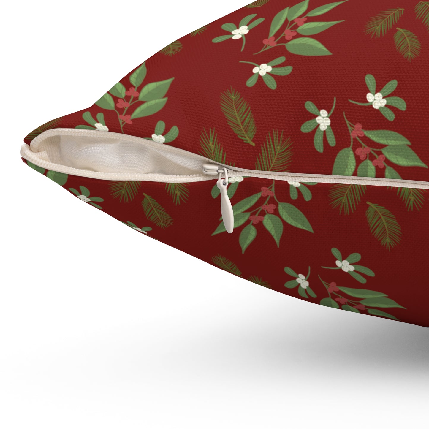 Spun Polyester Square Pillow - Mistletoe, Berries and Sprigs, Cranberry