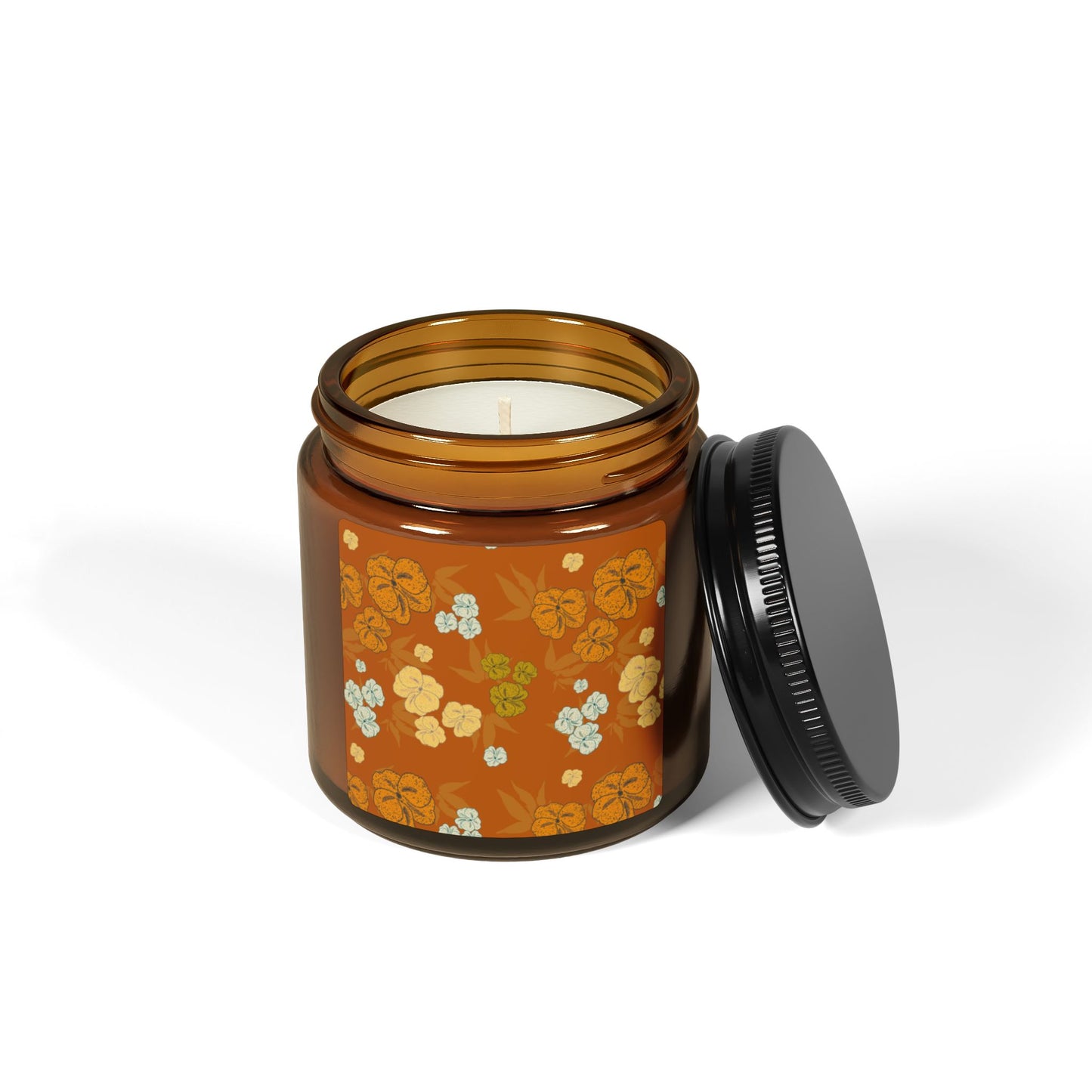 Textured Floral© Deep Orange, Scented Soy Candle in Amber Jar, Featuring Cozy Textured Floral© Autumn Design Aroma Candle