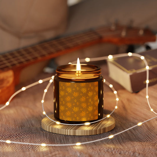 Warm Amber Scented Soy Candle, Featuring Vintage Leaf Toss© in Deep Orange. Cozy Home Decor, Gift for Her, Relaxation, Aromatherapy, Multi-Size Candle Jar