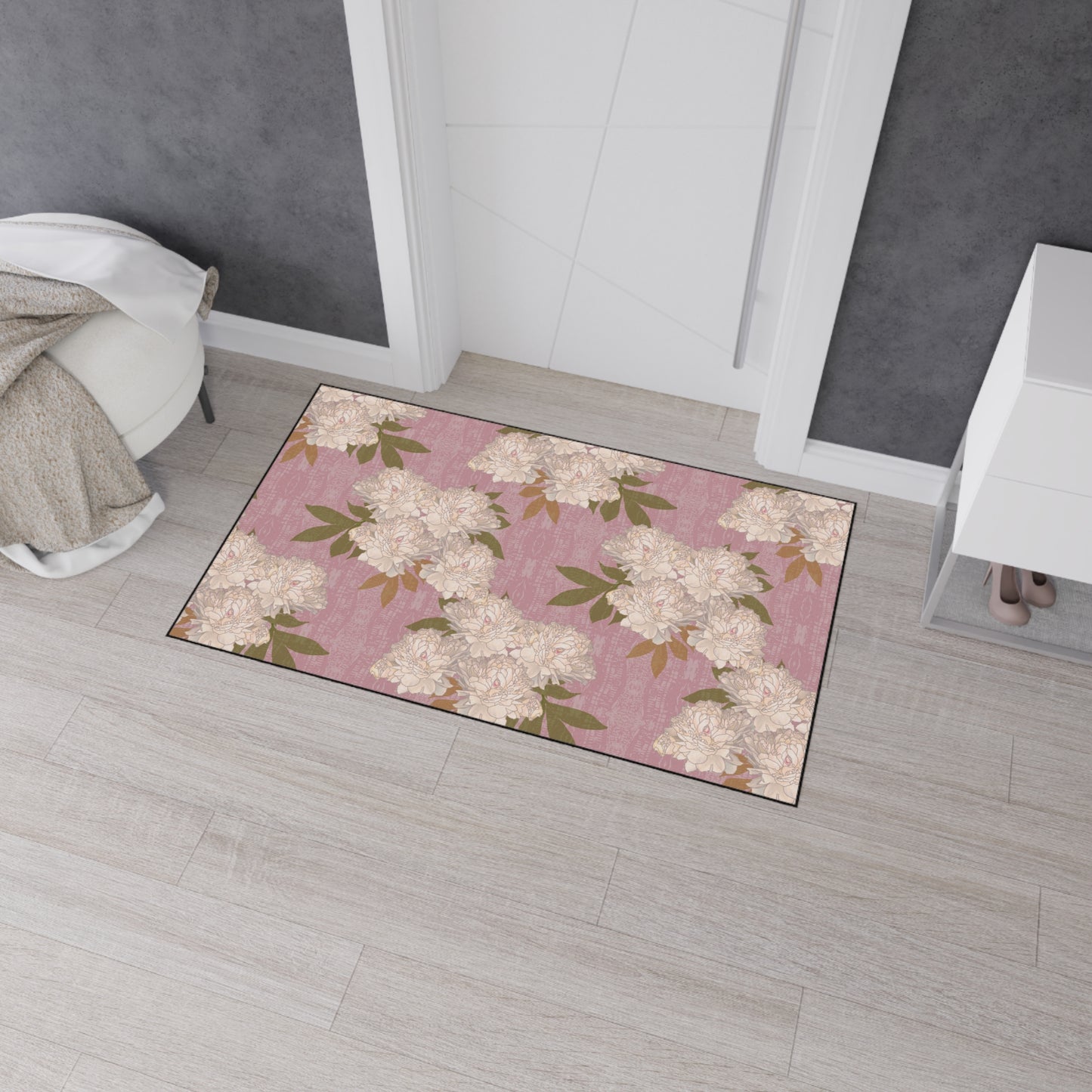 Floral Heavy Duty Floor Mat for Home Decor, Entryway Rug, Kitchen Pad, Durable Non-Slip Mat, Ideal for Weddings and Celebrations Featuring Rachel's Peonies© in Dusty Pink.