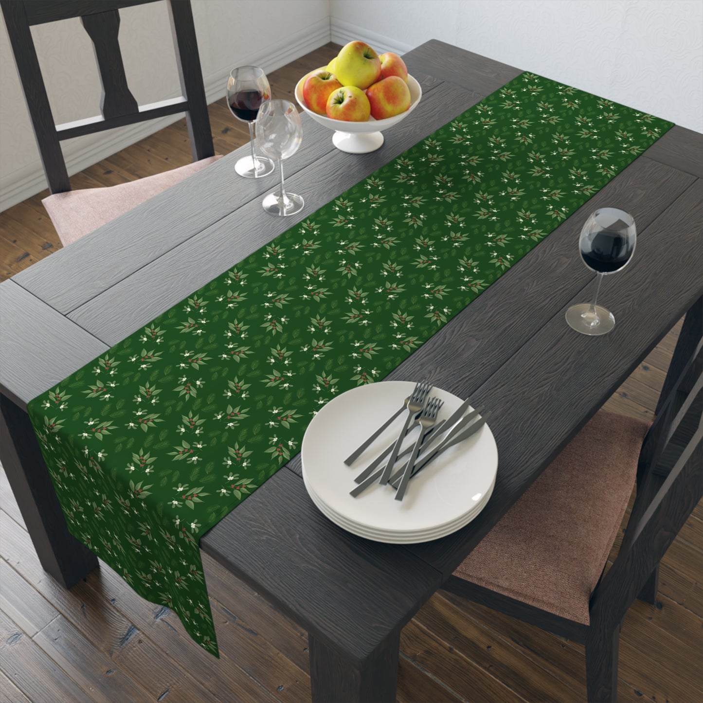 Table Runner - Mistletoe, Berries and Sprigs, Emerald (Cotton, Poly)