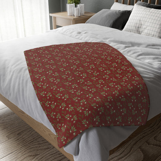 Velveteen Microfiber Blanket (Two-sided print) - Mistletoe, Berries and Sprigs, Cranberry