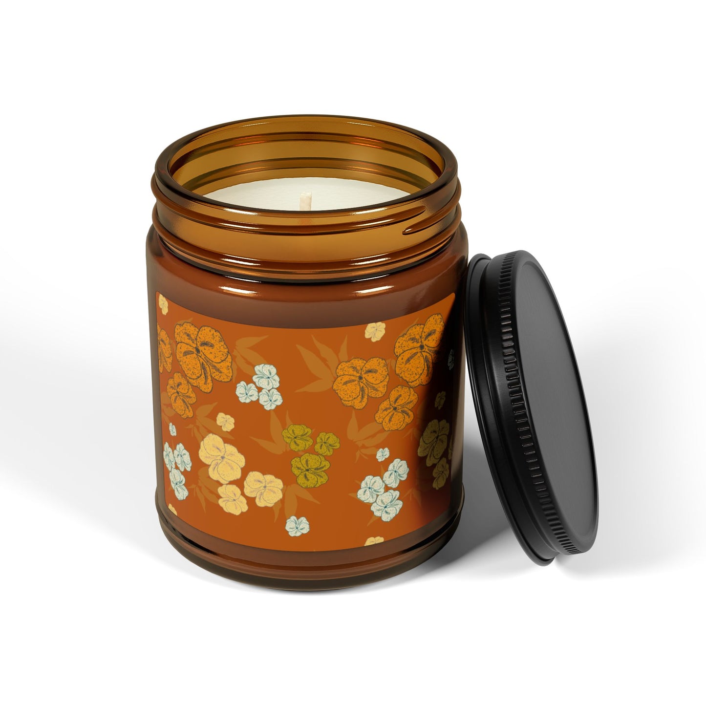 Textured Floral© Deep Orange, Scented Soy Candle in Amber Jar, Featuring Cozy Textured Floral© Autumn Design Aroma Candle