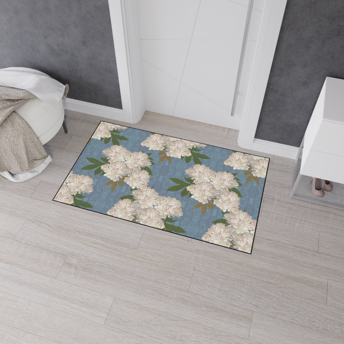 Stylish Heavy Duty Floor Mat, Featuring Rachel's Peonies© in Cornflower Blue. Durable & Elegant Home Decor, Entryway Rugs, Kitchen Mats, Floral Pattern, Versatile & Functional
