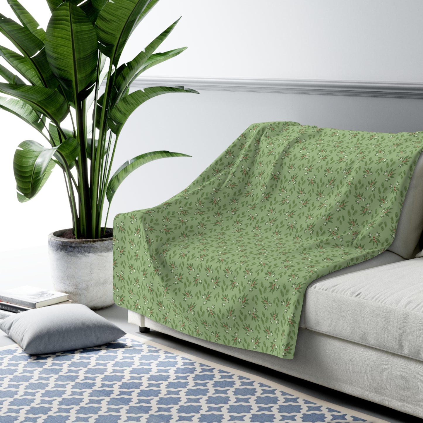 Sherpa Fleece Blanket - Mistletoe, Berries and Sprigs, Sage