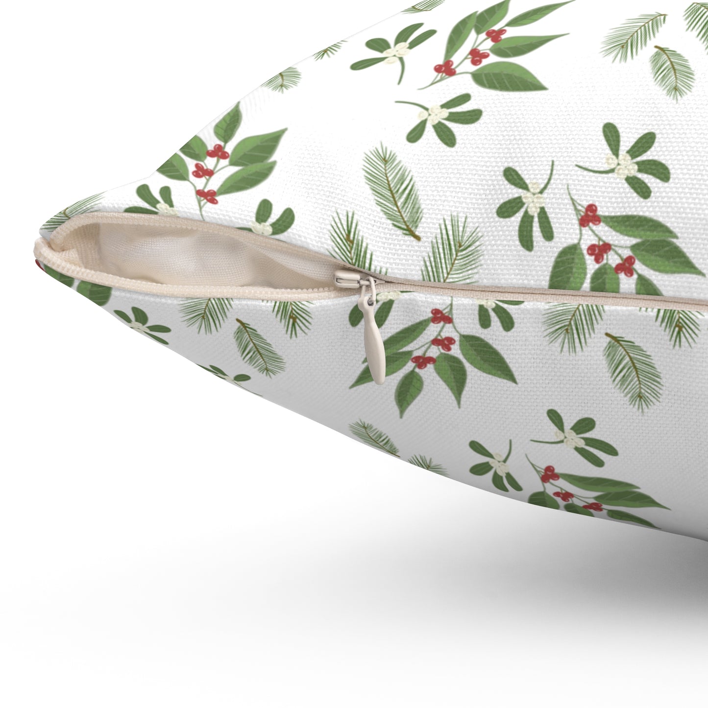 Spun Polyester Square Pillow - MIstletoe, Berries and Sprigs, White