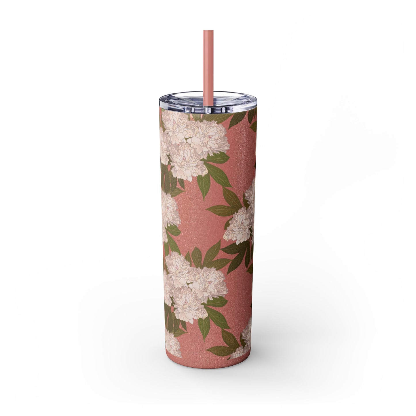 Floral Skinny Tumbler with Straw, 20oz featuring Rachel's Peonies© in a variety of colors and finishes. Easy to Hold Skinny Tumbler, Elegant Drinkware for Home, Office, Wedding, Gifts, and Daily Use