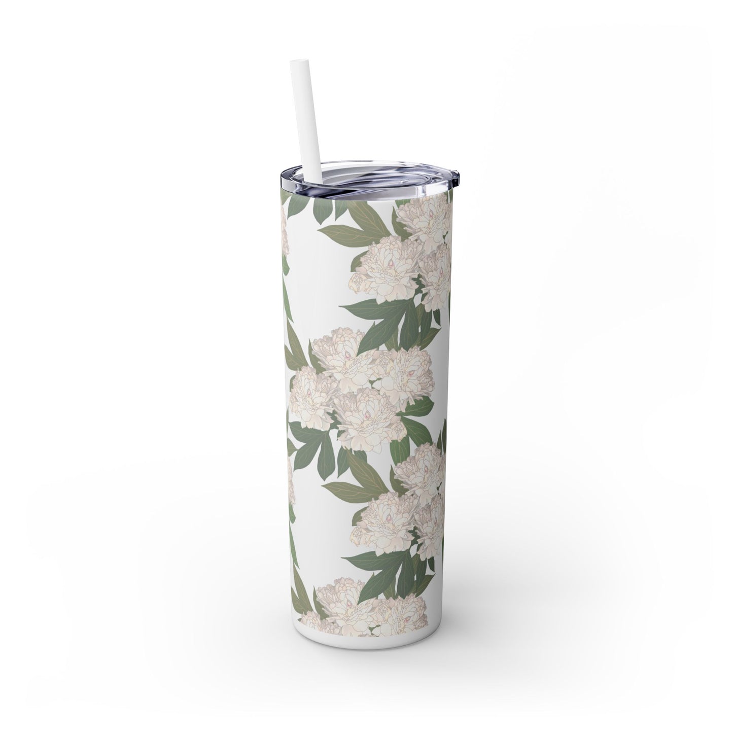 Floral Skinny Tumbler with Straw, 20oz featuring Rachel's Peonies© in a variety of colors and finishes. Easy to Hold Skinny Tumbler, Elegant Drinkware for Home, Office, Wedding, Gifts, and Daily Use