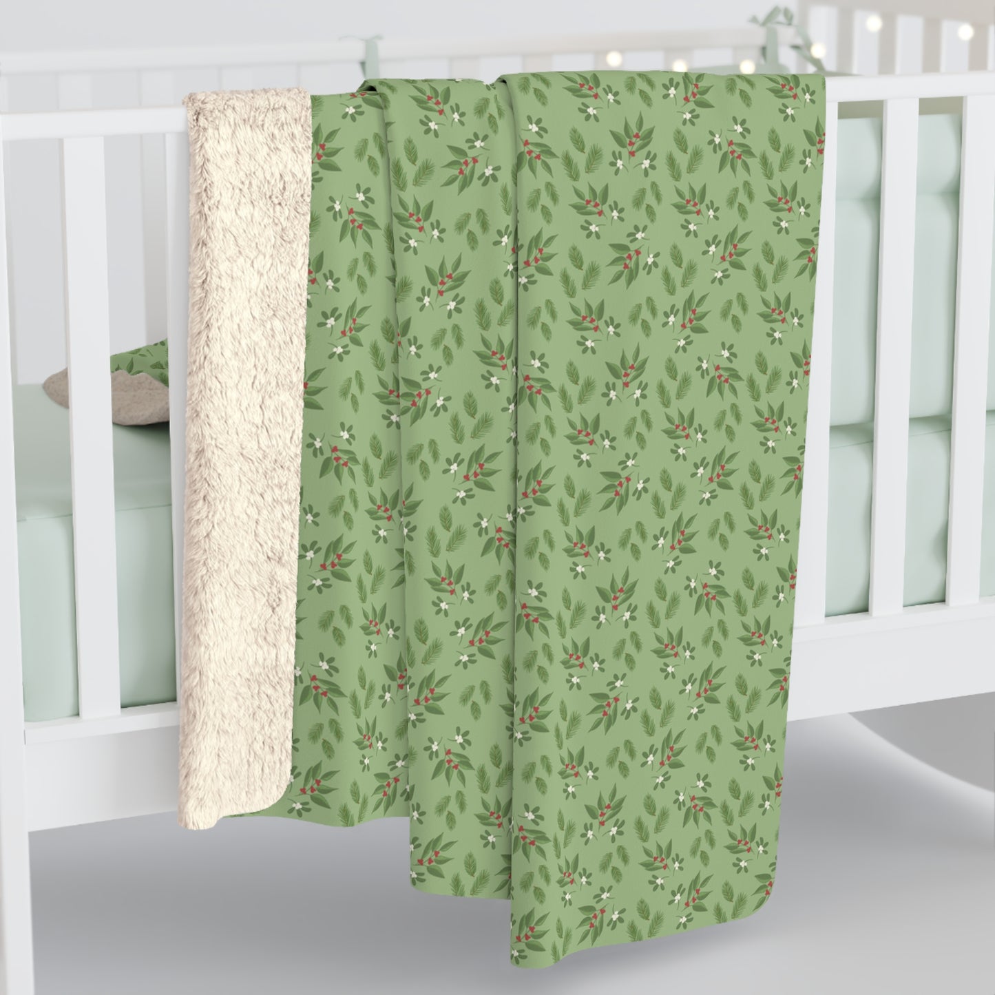 Sherpa Fleece Blanket - Mistletoe, Berries and Sprigs, Sage