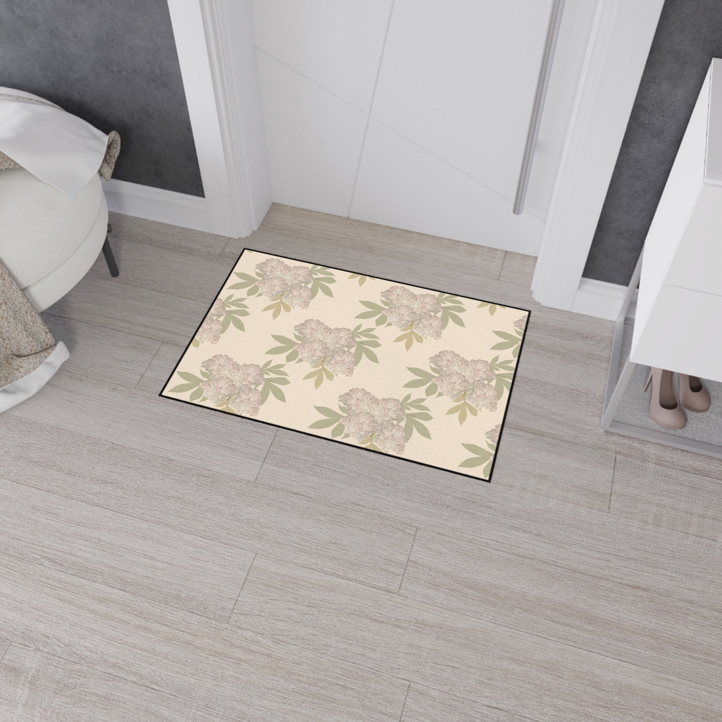 Heavy Duty Floor Mat - Featuring Rachel's Peonies© in Cream Floral Design Durable Rug for Entryway, Kitchen, Bathroom, Home Decor, Indoor & Outdoor Use