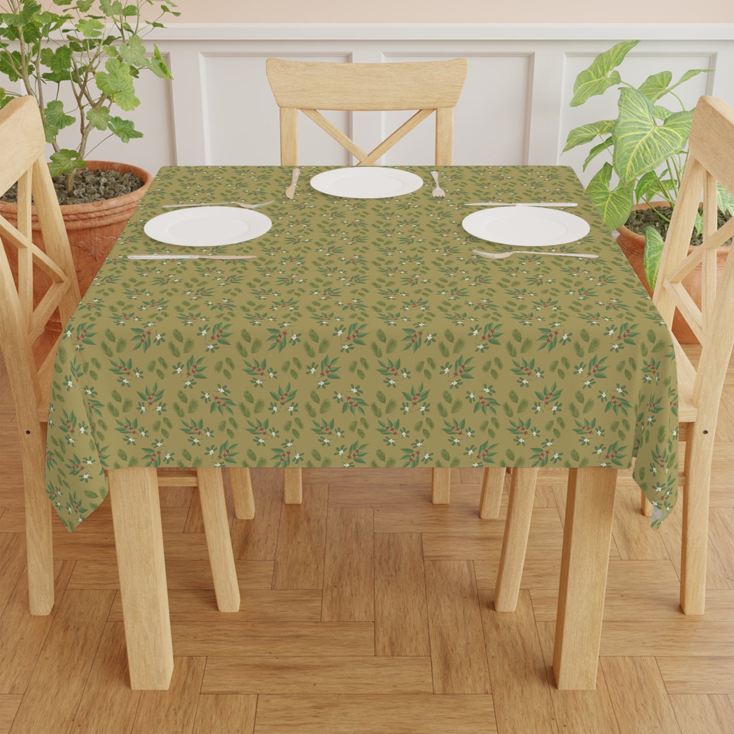 Tablecloth - Mistletoe, Berries and Sprigs, Gold