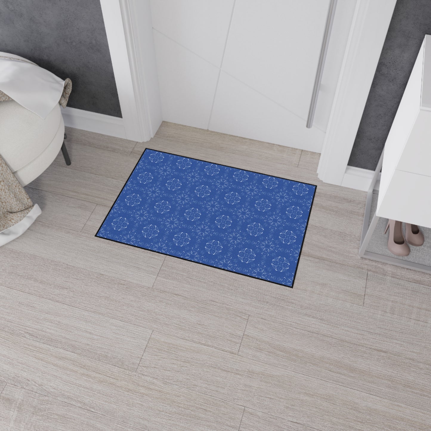 Elegant Heavy Duty Floor Mat for Home & Office, Featuring Batik Scatter© in Blue. Durable Area Mat, Non-Slip Rug for Entrances, Kitchen, and Patio, Perfect Gift for New Home