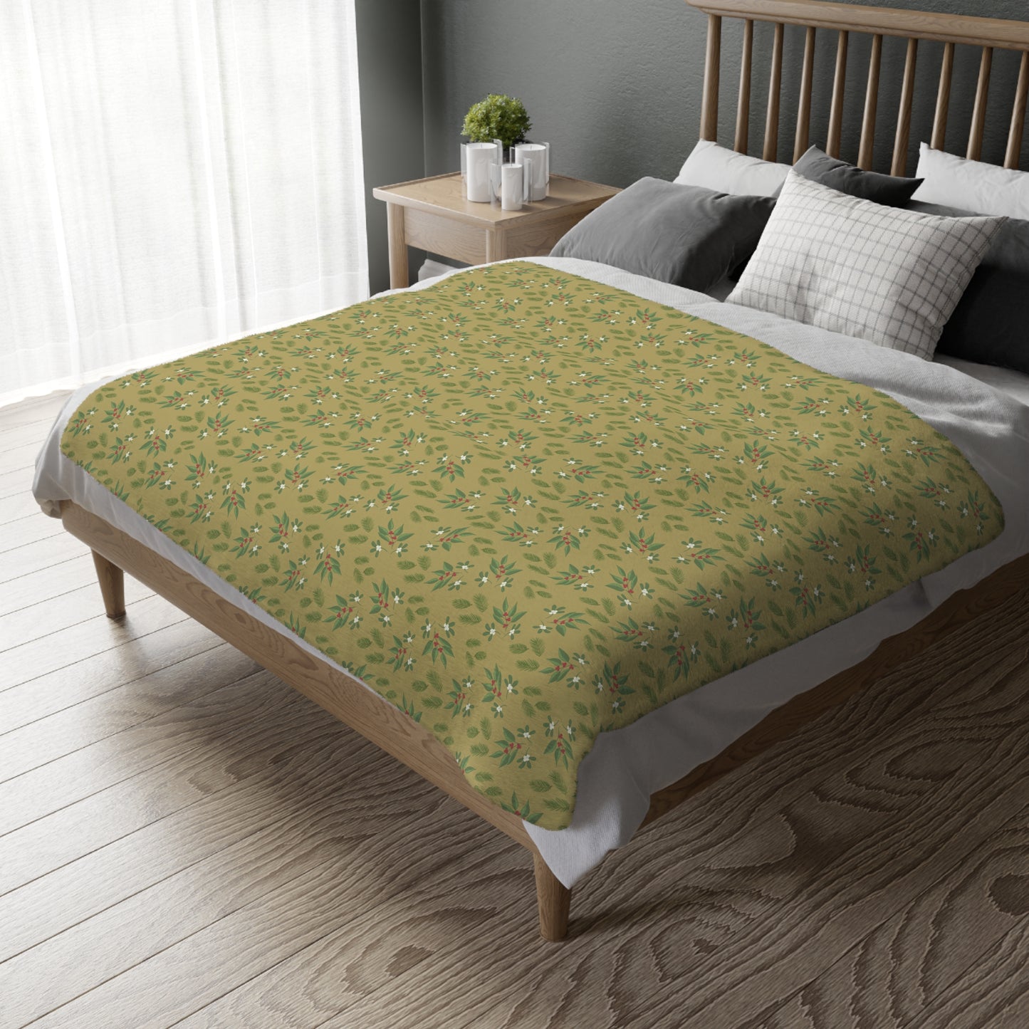 Velveteen Microfiber Blanket (Two-sided print), Mistletoe, Berries and springs, Gold