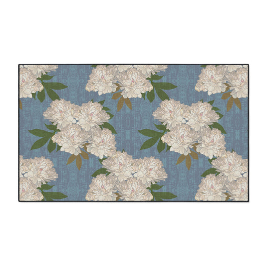 Stylish Heavy Duty Floor Mat, Featuring Rachel's Peonies© in Cornflower Blue. Durable & Elegant Home Decor, Entryway Rugs, Kitchen Mats, Floral Pattern, Versatile & Functional