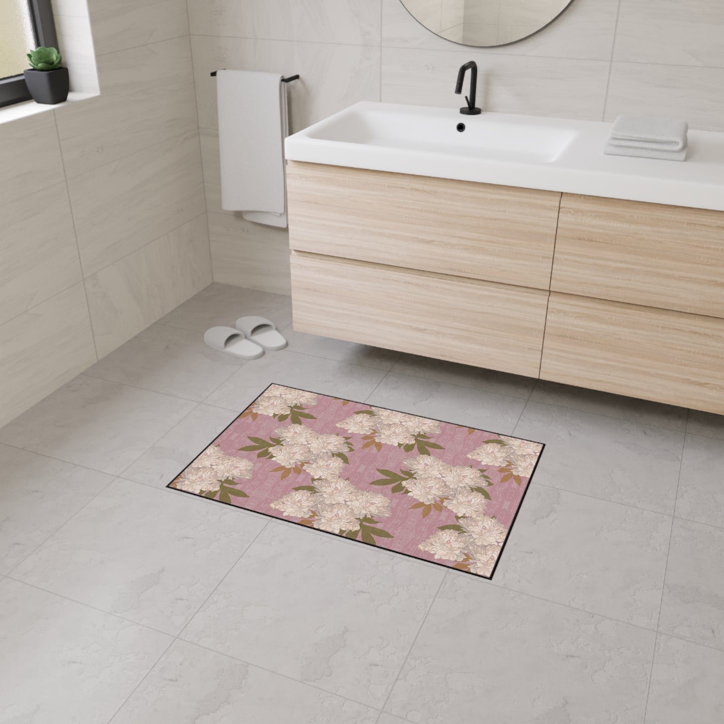Floral Heavy Duty Floor Mat for Home Decor, Entryway Rug, Kitchen Pad, Durable Non-Slip Mat, Ideal for Weddings and Celebrations Featuring Rachel's Peonies© in Dusty Pink.