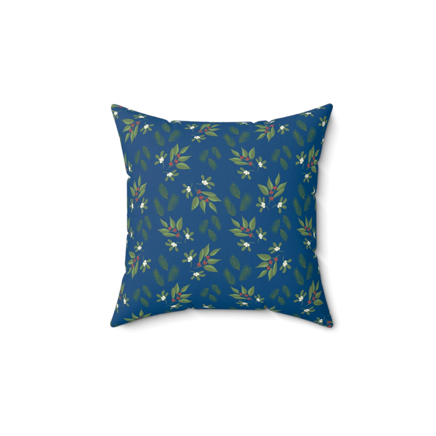 Spun Polyester Square Pillow - Mistletoe, Berries and Sprigs, Dark Blue