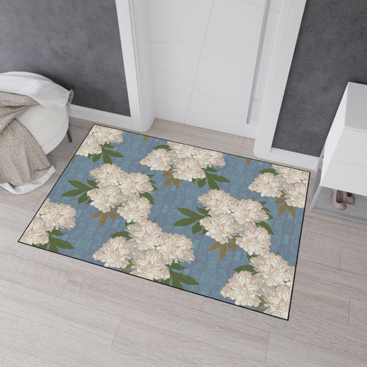 Stylish Heavy Duty Floor Mat, Featuring Rachel's Peonies© in Cornflower Blue. Durable & Elegant Home Decor, Entryway Rugs, Kitchen Mats, Floral Pattern, Versatile & Functional