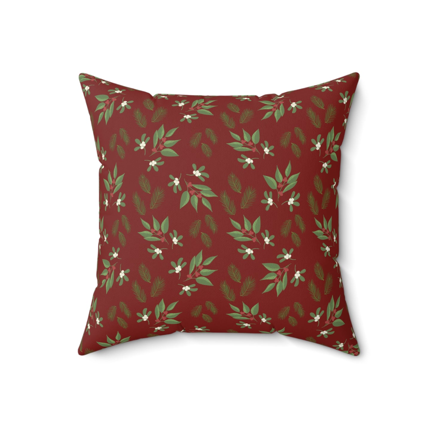 Spun Polyester Square Pillow - Mistletoe, Berries and Sprigs, Cranberry