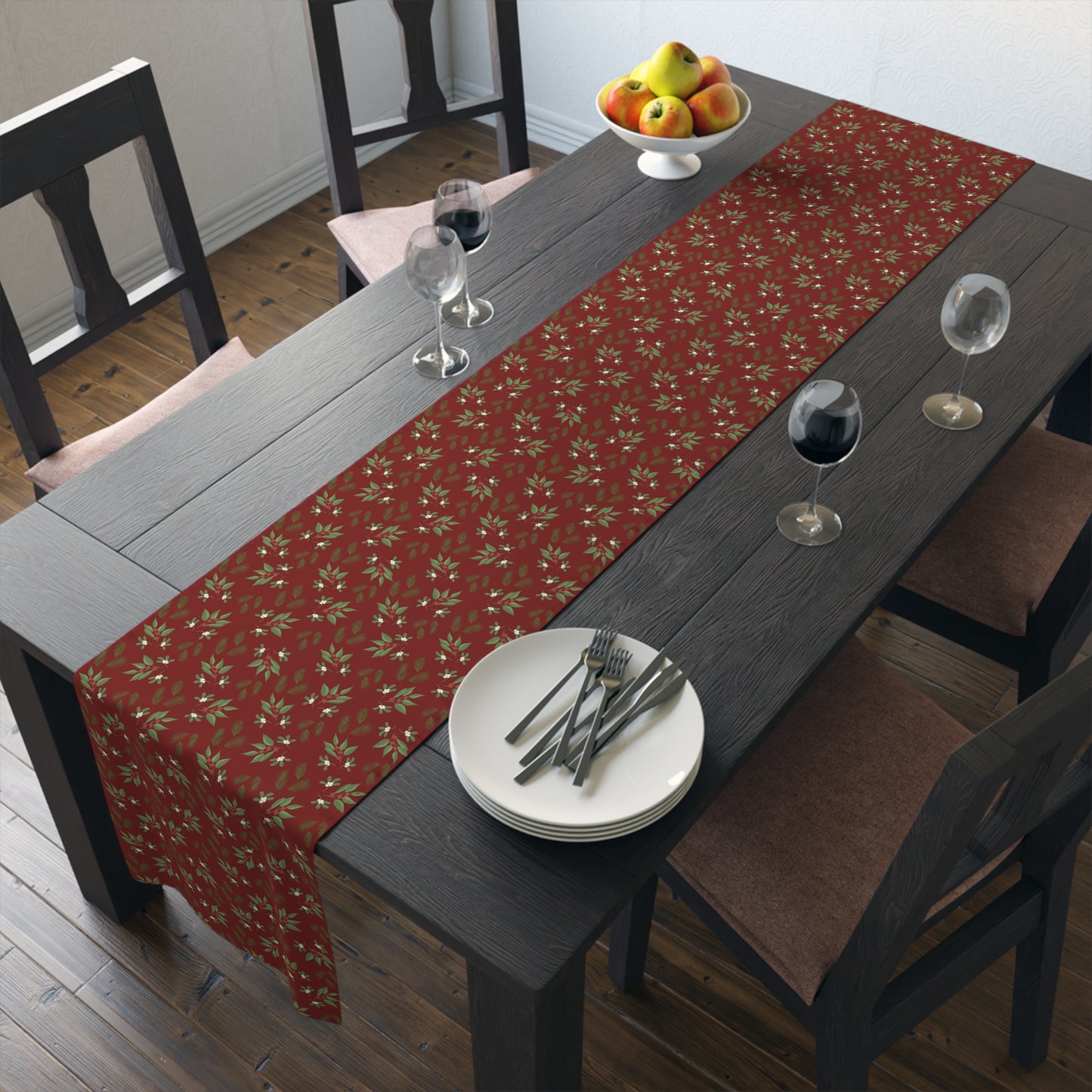 Table Runner - Mistletoe, Berries and Sprigs, Cranberry (Cotton, Poly)