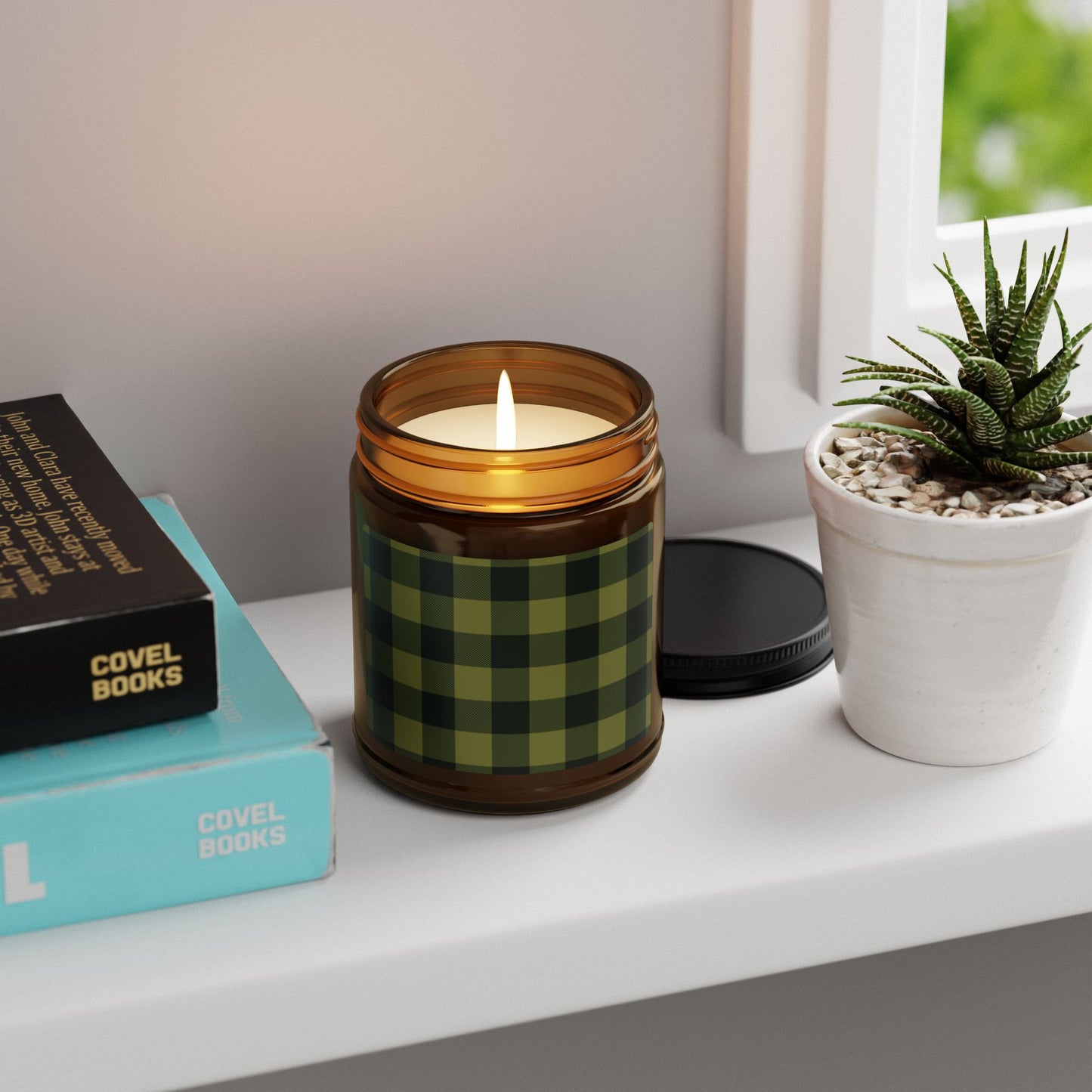 Rustic Plaid Scented Soy Candle, Olive, Cozy Home Decor, Eco-Friendly Gift, Green Checkered Pattern, Relaxation & Aromatherapy.