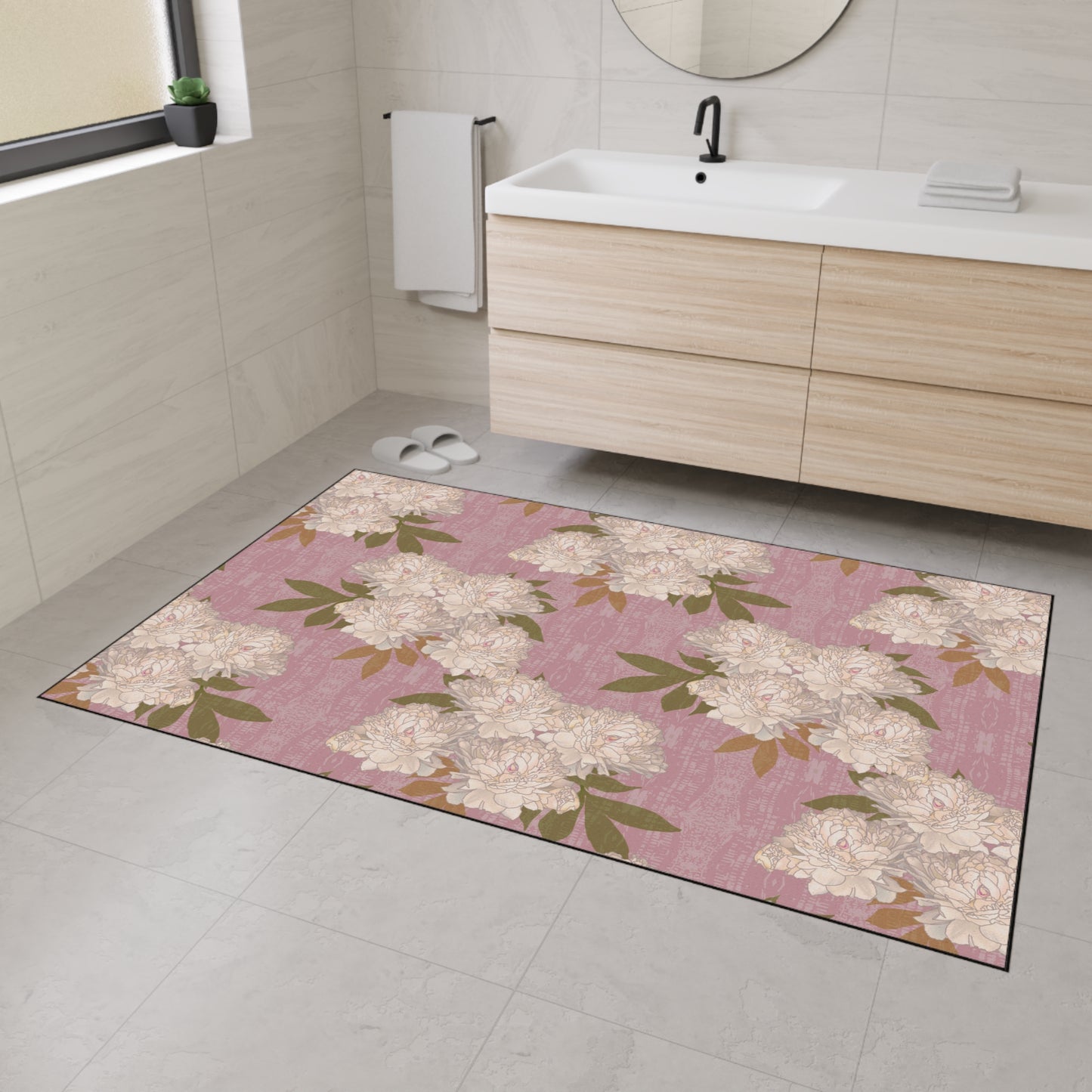 Floral Heavy Duty Floor Mat for Home Decor, Entryway Rug, Kitchen Pad, Durable Non-Slip Mat, Ideal for Weddings and Celebrations Featuring Rachel's Peonies© in Dusty Pink.