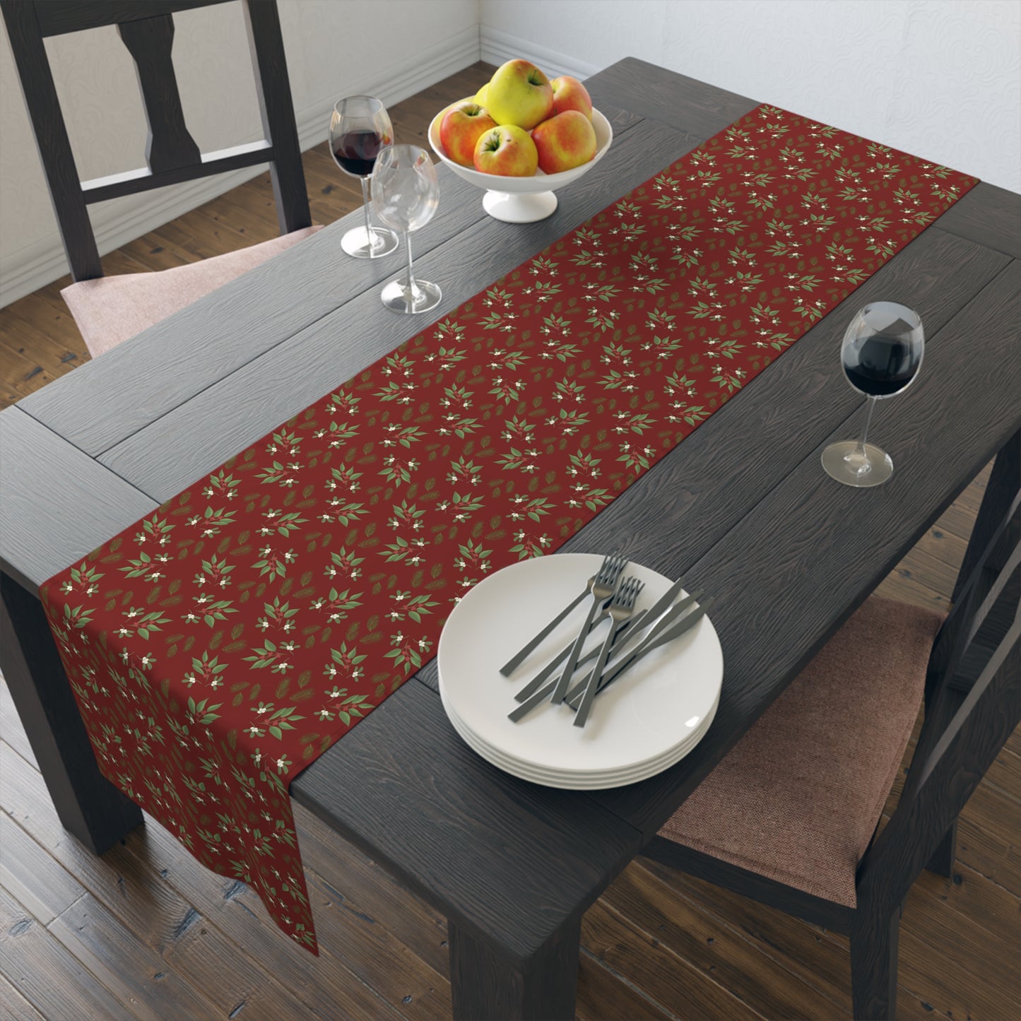 Table Runner - Mistletoe, Berries and Sprigs, Cranberry (Cotton, Poly)