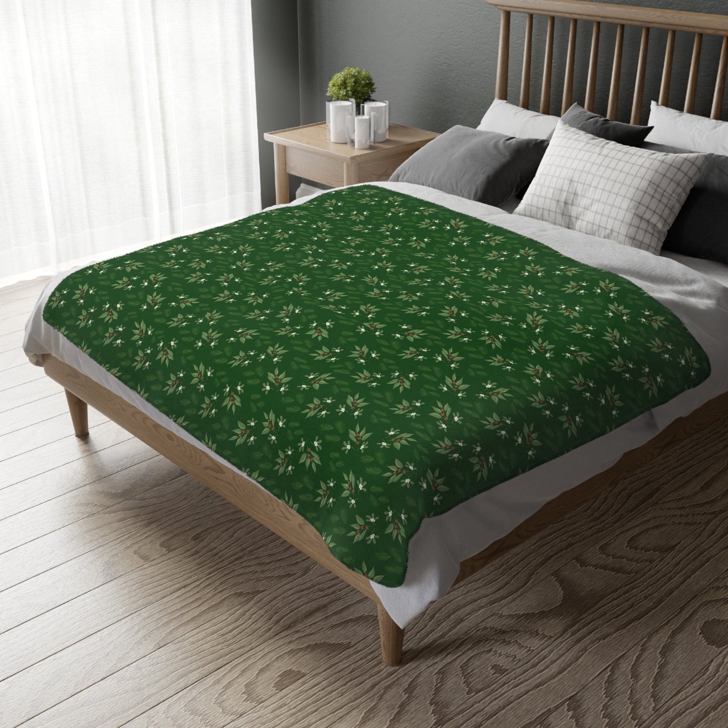 Velveteen Microfiber Blanket (Two-sided print) - Mistletoe, Berries and Sprigs, Emerald