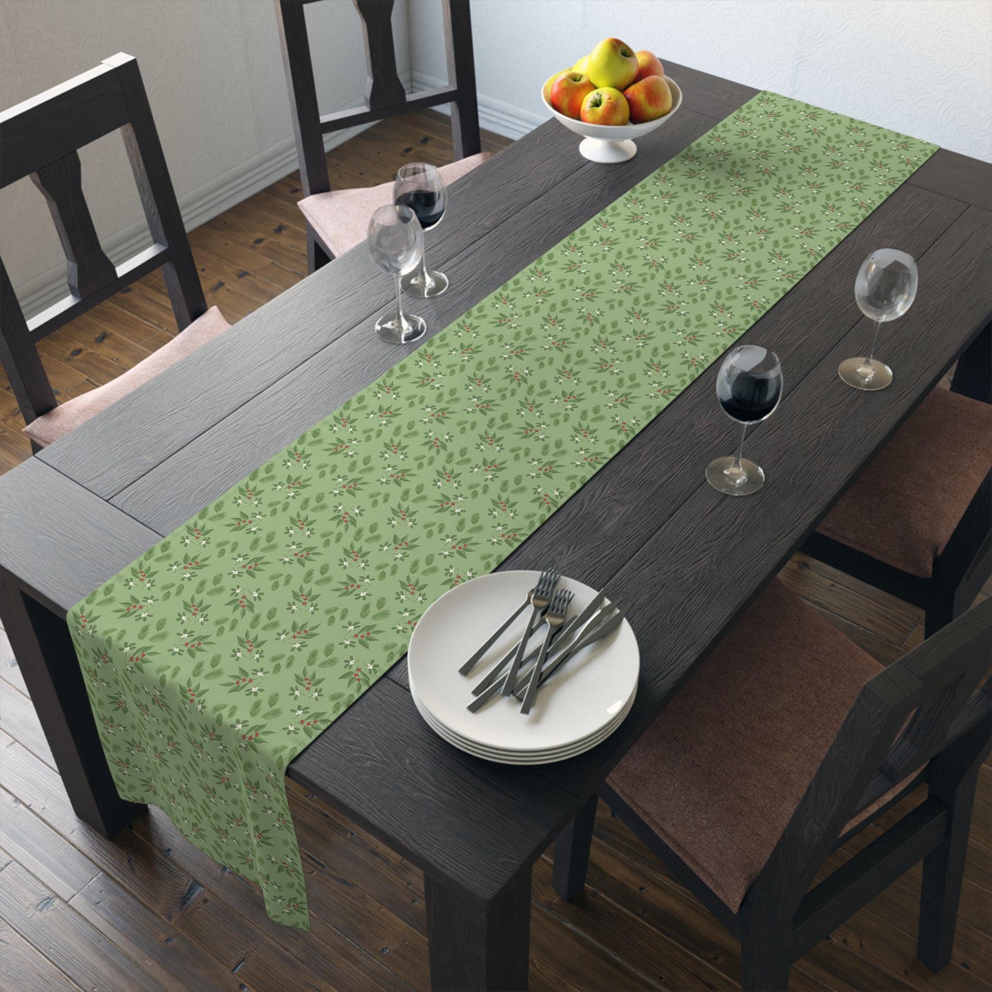 Table Runner - Mistletoe, Berries and Sprigs, Sage (Cotton, Poly)