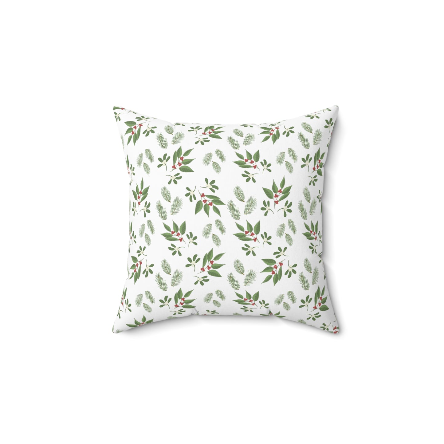 Spun Polyester Square Pillow - MIstletoe, Berries and Sprigs, White