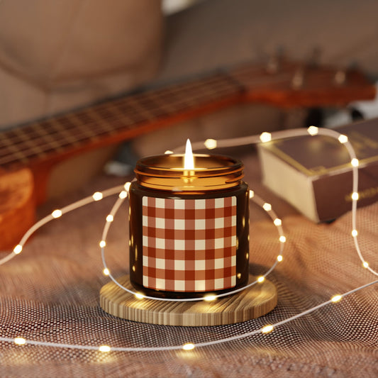 Cozy Amber Jar Candle with Cinnamon Gingham Design, Rustic Home Decor, Scented Candle for Relaxation, Gifts for Housewarming, Decorative Candle