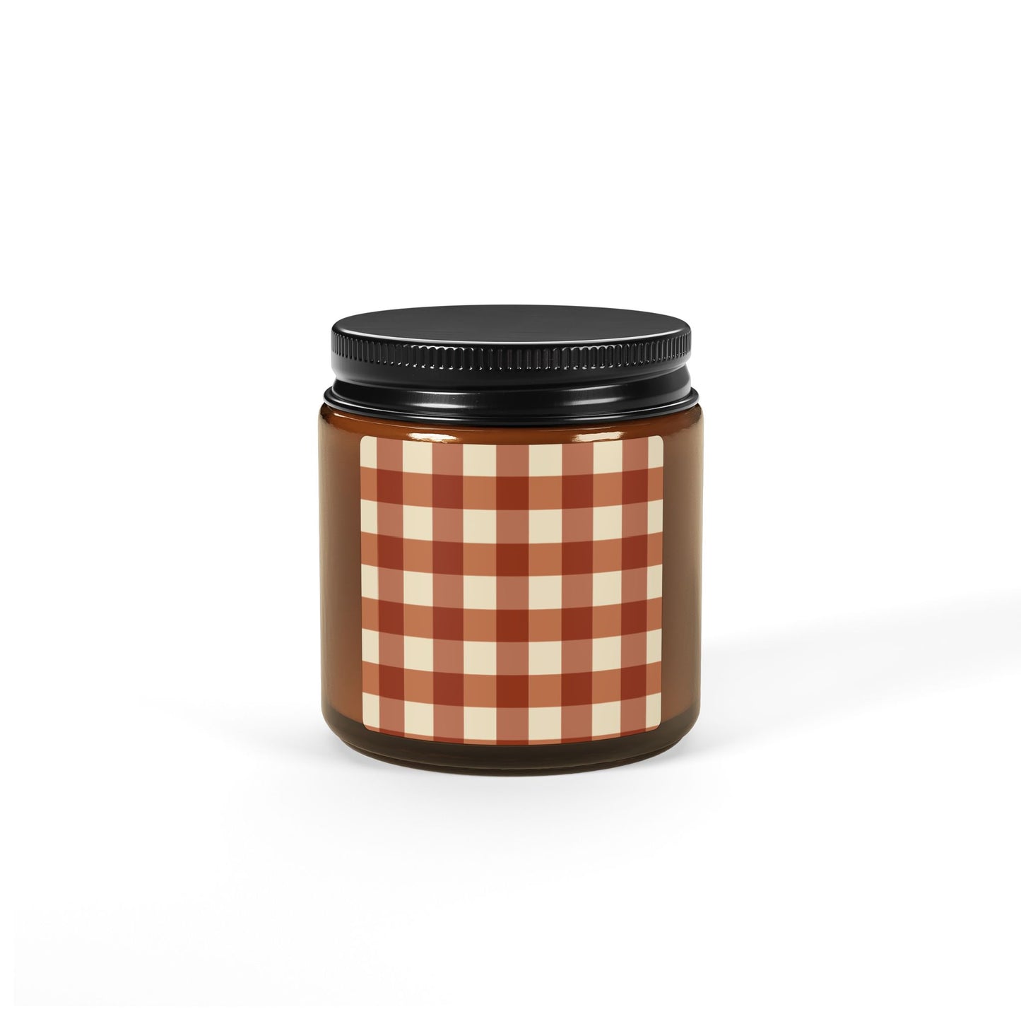 Cozy Amber Jar Candle with Cinnamon Gingham Design, Rustic Home Decor, Scented Candle for Relaxation, Gifts for Housewarming, Decorative Candle