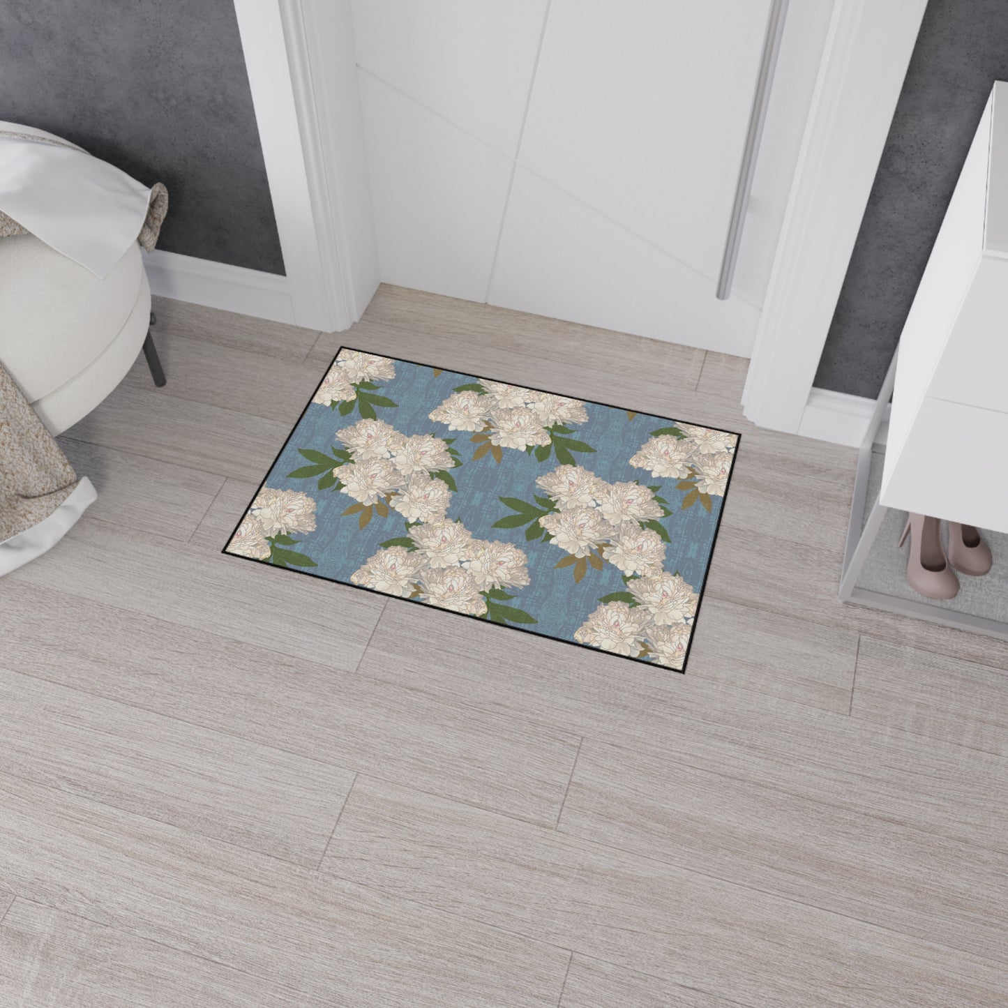 Stylish Heavy Duty Floor Mat, Featuring Rachel's Peonies© in Cornflower Blue. Durable & Elegant Home Decor, Entryway Rugs, Kitchen Mats, Floral Pattern, Versatile & Functional