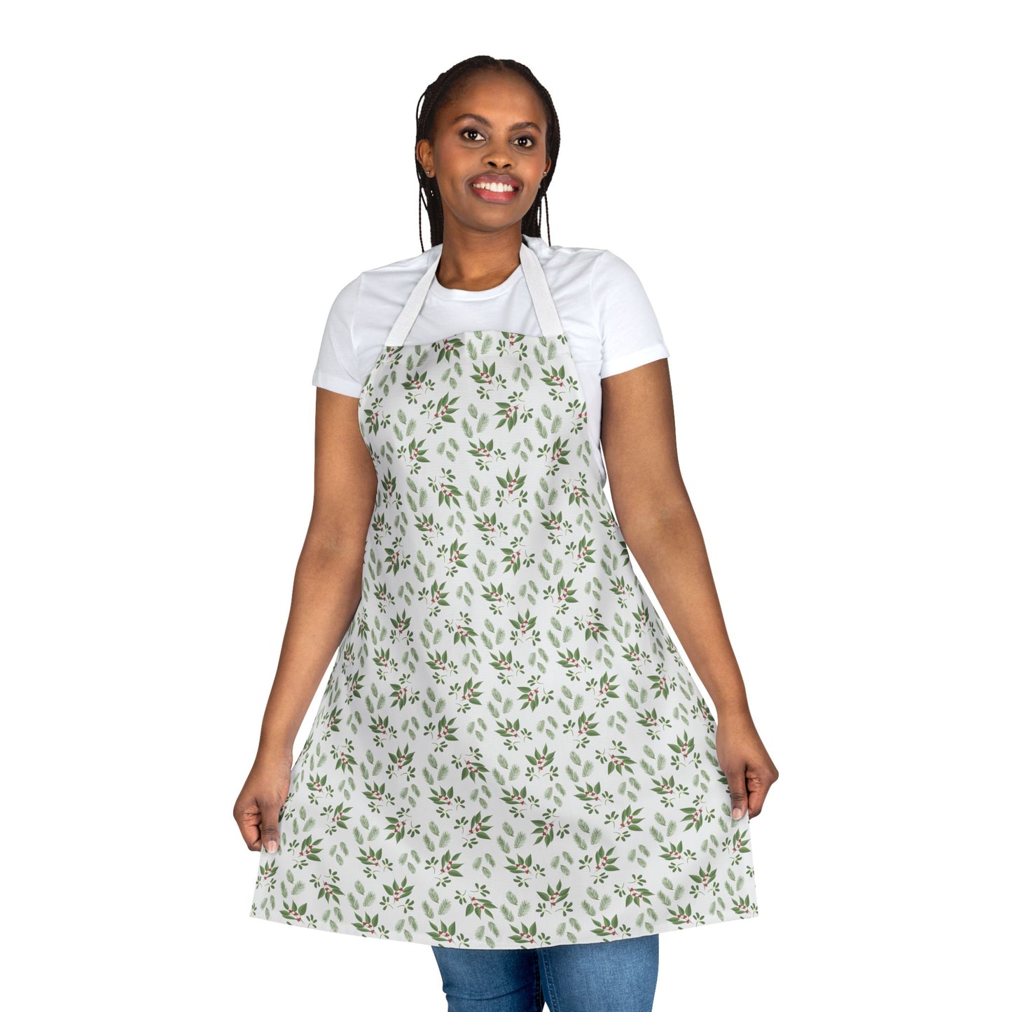 Apron, 5-Color Straps - Mistletoe, Berries and Sprigs, White