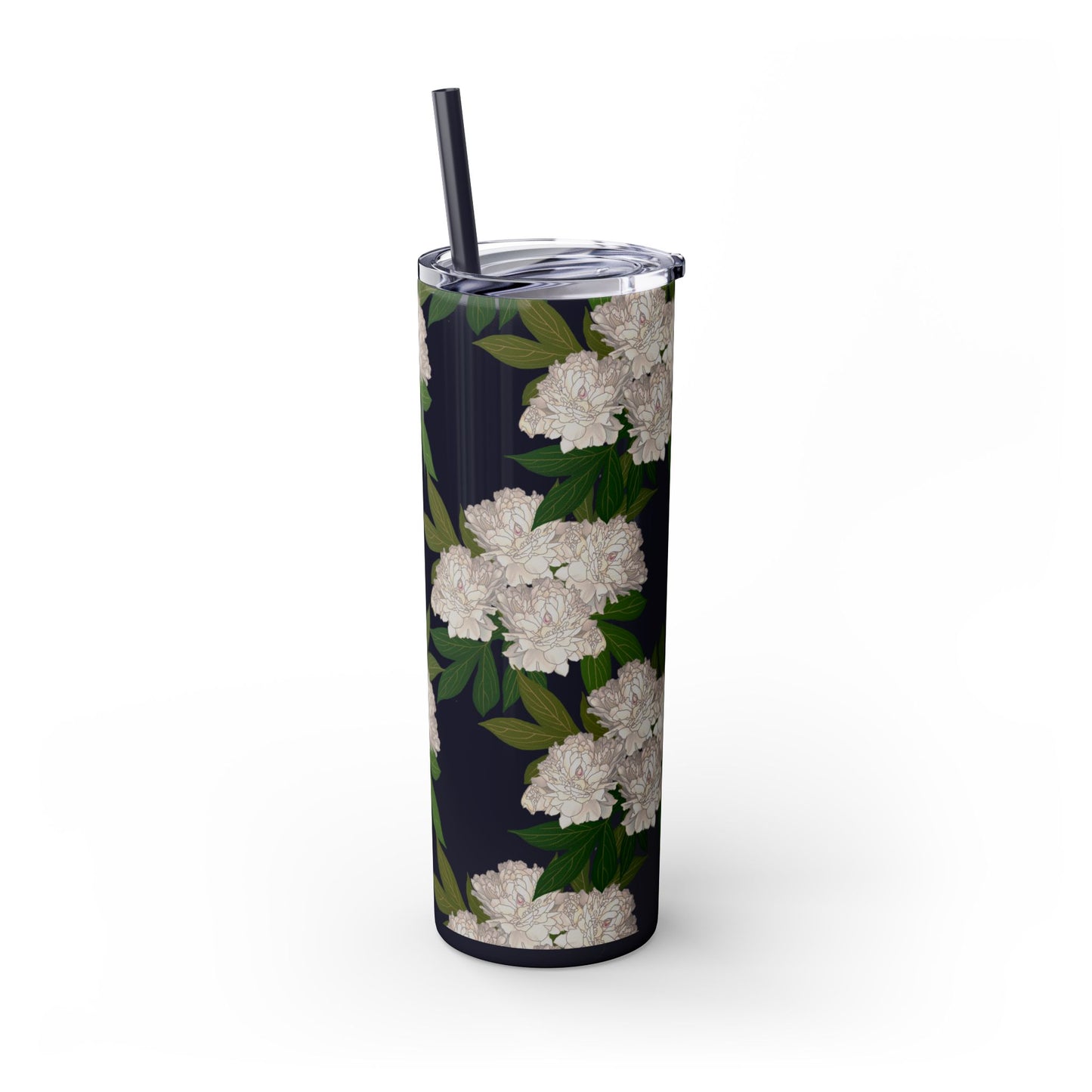 Floral Skinny Tumbler with Straw, 20oz featuring Rachel's Peonies© in a variety of colors and finishes. Easy to Hold Skinny Tumbler, Elegant Drinkware for Home, Office, Wedding, Gifts, and Daily Use