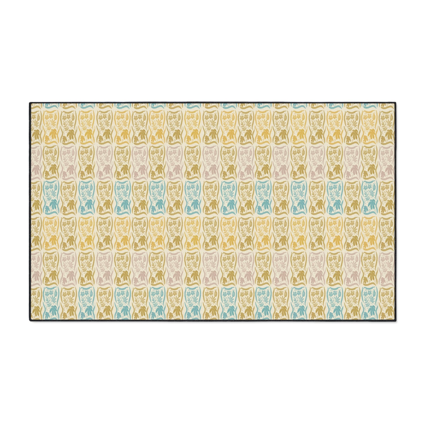 Stylish Heavy Duty Floor Mat for Home & Office | Boho Floral Block Print© Blue and Yellow, Durable Entryway Rug, Non-Slip Mat,