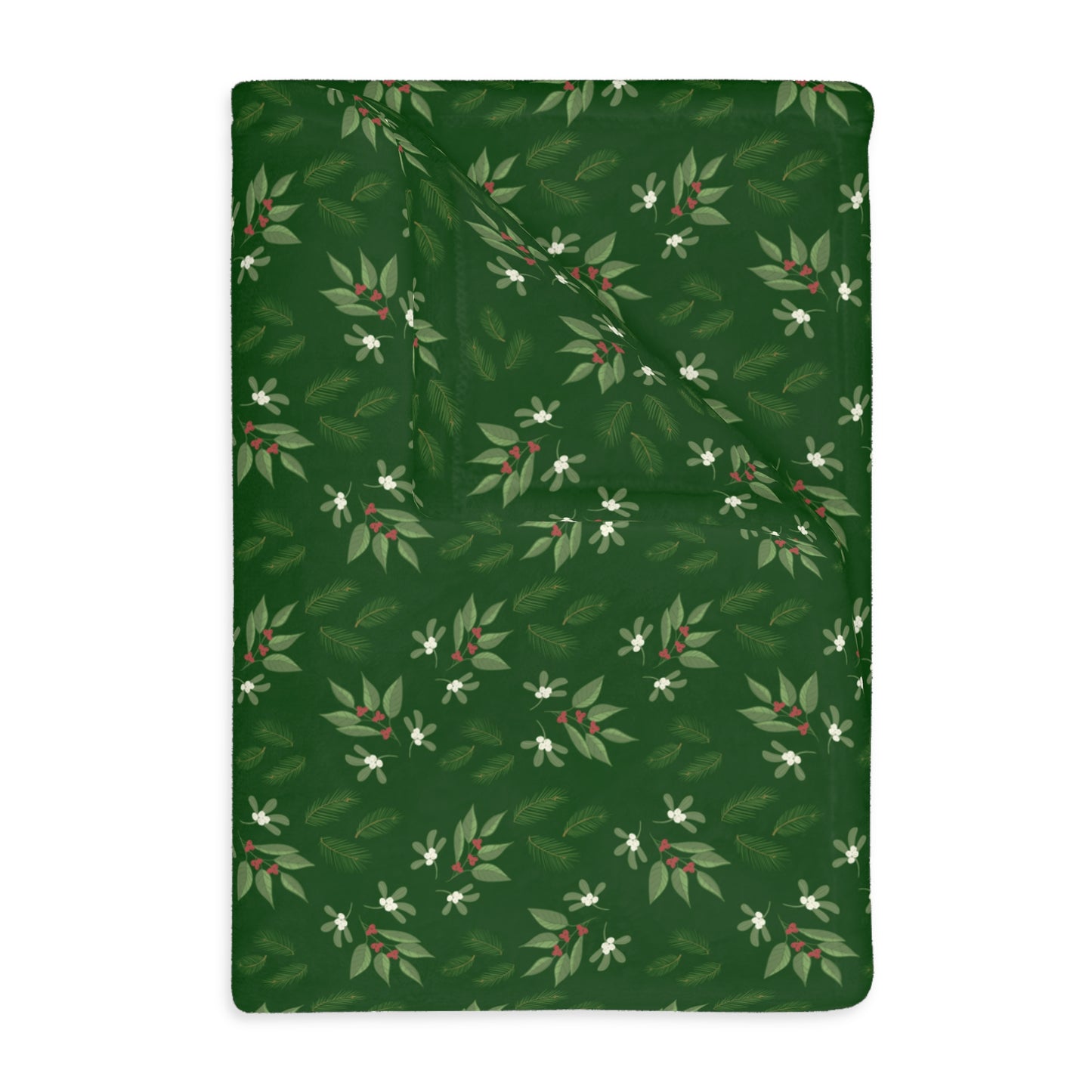 Velveteen Microfiber Blanket (Two-sided print) - Mistletoe, Berries and Sprigs, Emerald