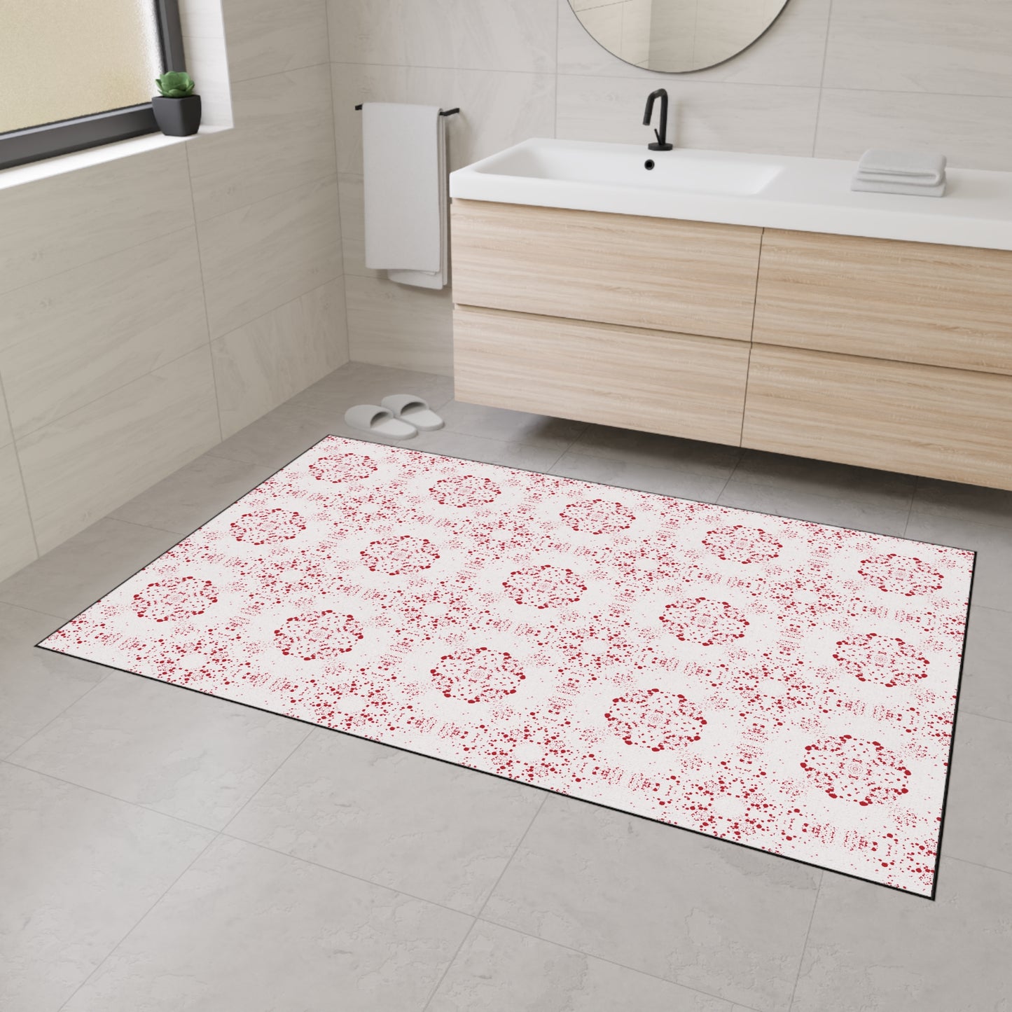 Elegant Heavy Duty Floor Mat Featuring Batik Scatter© in Red and White. Durable Entry Rug, Kitchen Mat, Home Decor, Modern Floor Covering, Decorative Area Rug