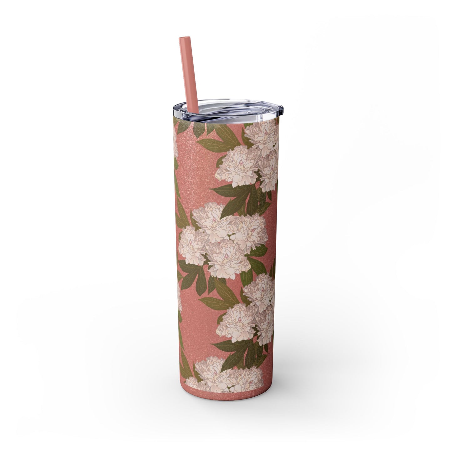 Floral Skinny Tumbler with Straw, 20oz featuring Rachel's Peonies© in a variety of colors and finishes. Easy to Hold Skinny Tumbler, Elegant Drinkware for Home, Office, Wedding, Gifts, and Daily Use