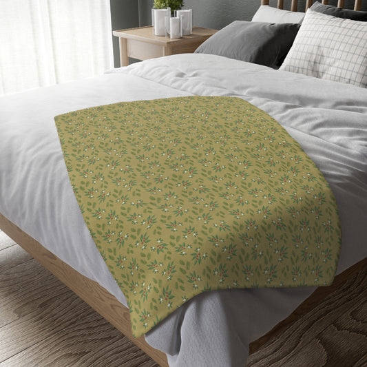 Velveteen Microfiber Blanket (Two-sided print), Mistletoe, Berries and springs, Gold