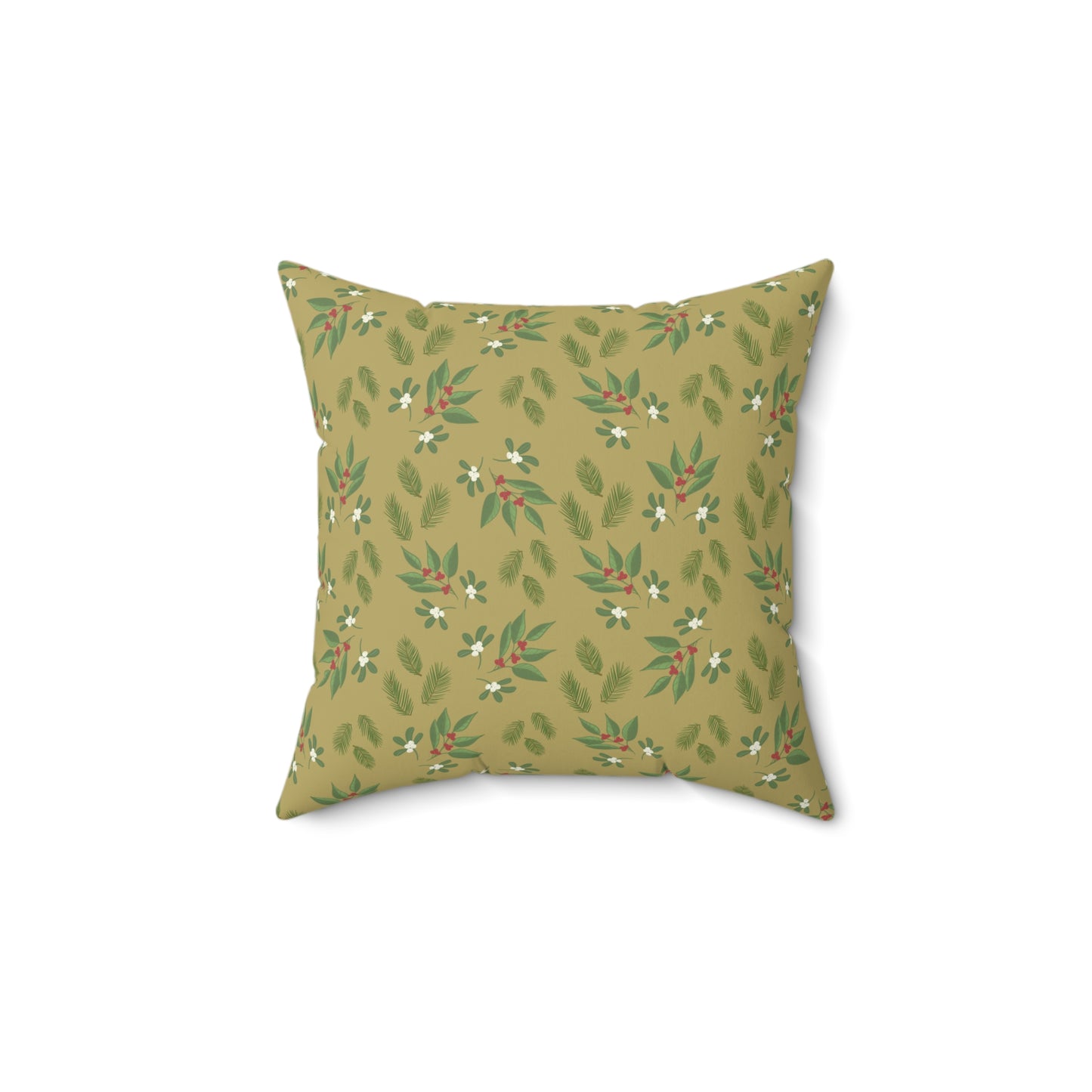 Spun Polyester Square Pillow - Mistletoe, Berries and Sprigs, Gold