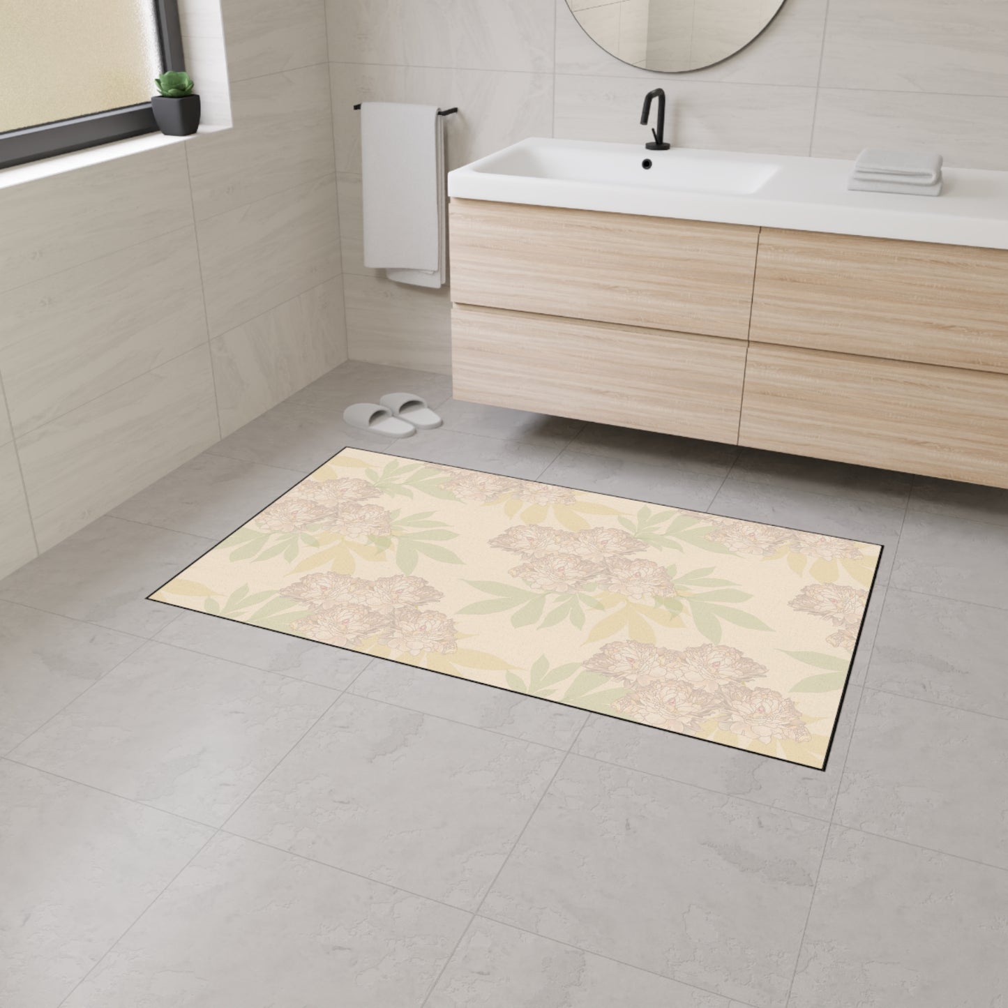 Spacious Floral-Patterned Heavy Duty Floor Mat Featuring Rachel's Peonies© in Blush for Home Decor, Kitchen, Entryway,